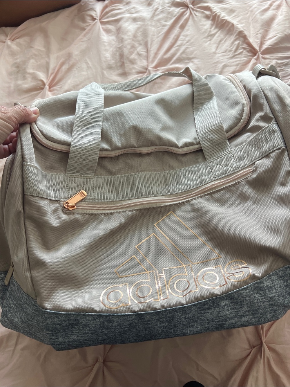 adidas Blush Pink and Heather Gray Gym Duffel with Rose Gold Logo